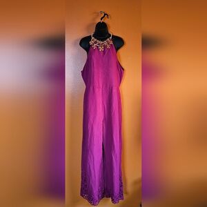 Anthropologie Women's Linen Embroidery Wide Leg Fuchsia Jumpsuit Size 12